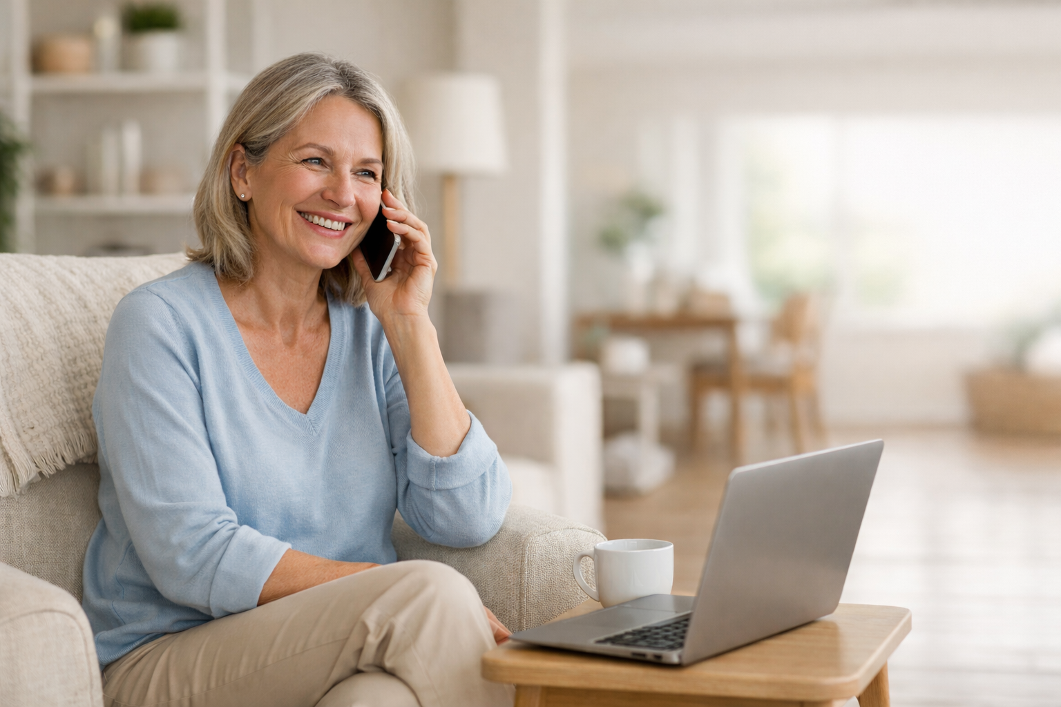 Frau telefoniert entspannt am Laptop – TechPaten Fernhilfe