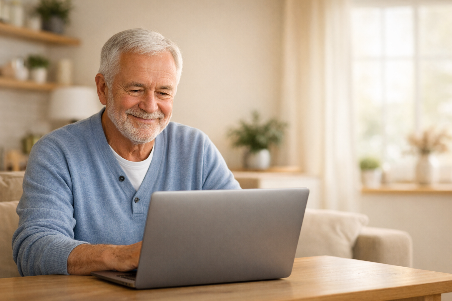 Senior sitzt entspannt am Laptop